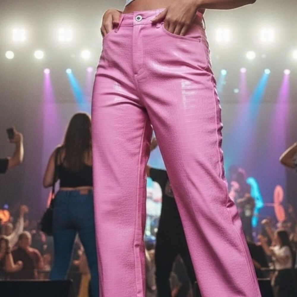 Boohoo x Kourtney Kardashian Pink Croc Faux Leather Straight Leg Pants Size 8NWT